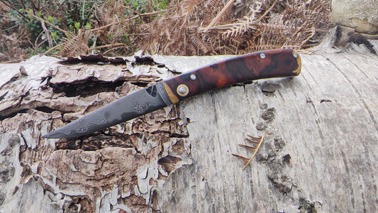 Hand-Forged Raindrop San Mai Damascus Slipjoint with Desert Ironwood Burl Scales / UK Legal Carry