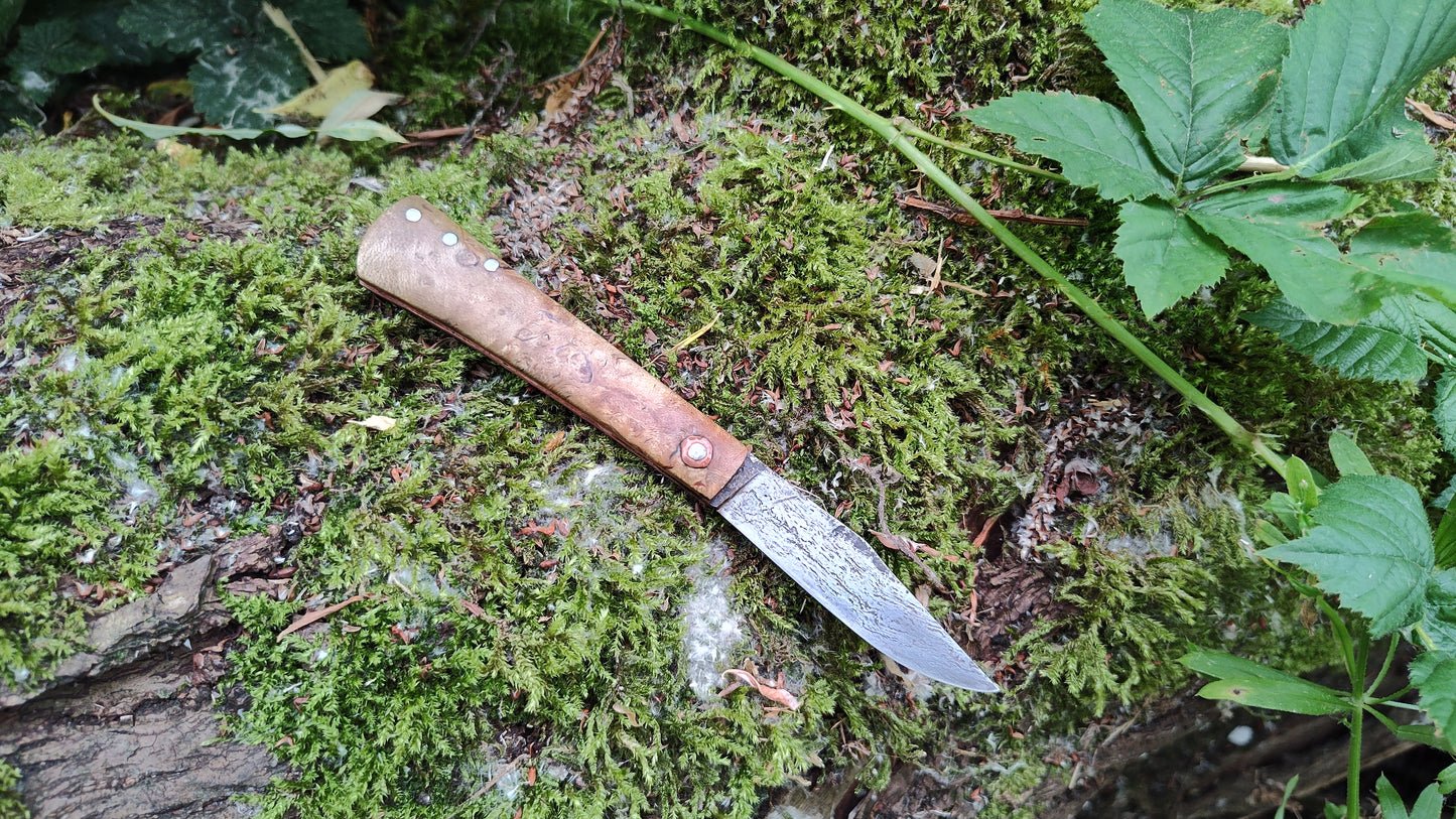 Anglo-Saxon style Friction Folder / Wrought Iron San Mai Blade / Holly Burl and Copper handle / UK Legal Carry