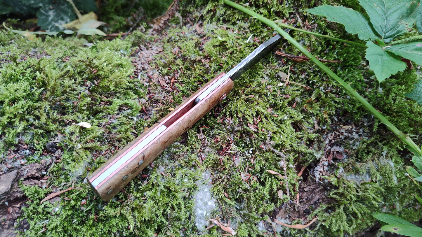 Anglo-Saxon style Friction Folder / Wrought Iron San Mai Blade / Holly Burl and Copper handle / UK Legal Carry