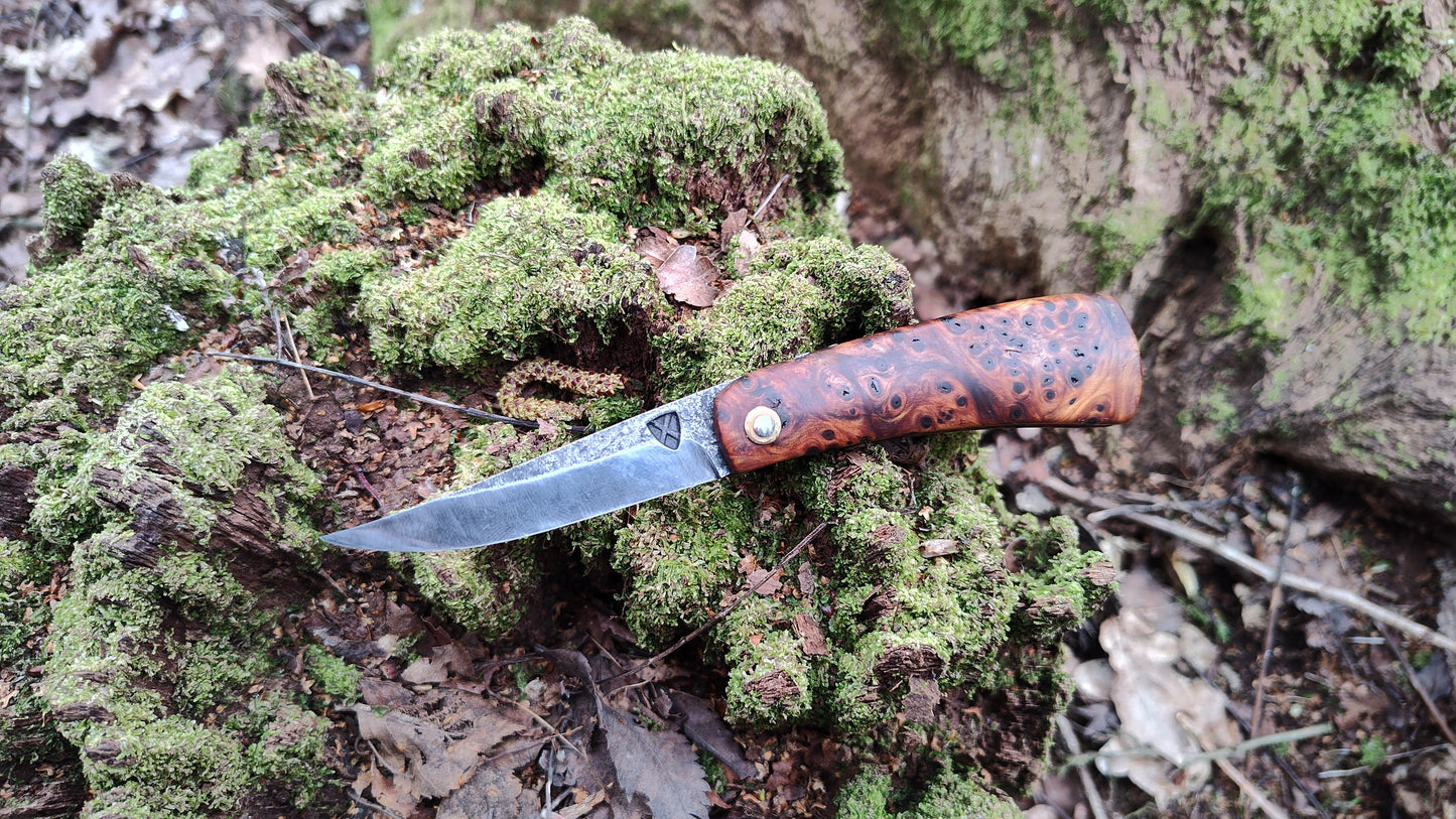 Hand-forged folding knife / Viking Friction Folder / Sheffcut Carbon Steel Blade with Yew Burl handle / UK Legal