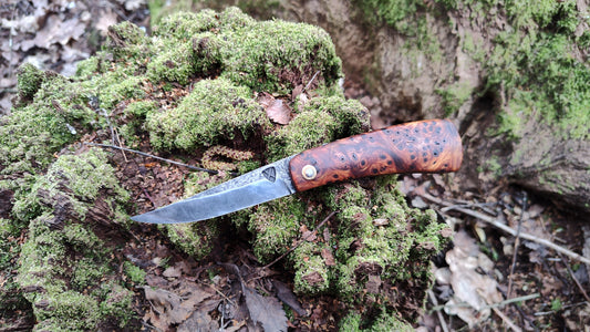 Hand-forged folding knife / Viking Friction Folder / Sheffcut Carbon Steel Blade with Yew Burl handle / UK Legal