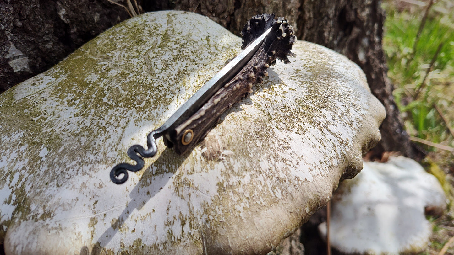 Hand-forged Viking friction folder / Scottish Roe Deer Antler Handle / 52100 Carbon Steel / UK Legal Pocket Knife