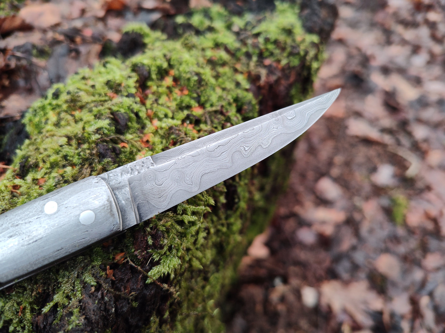 Hand-forged slipjoint folding knife with a pattern-welded blade. Wrought Iron Bolsters with Black Ash Burl Scales. Non-locking UK Legal Carry