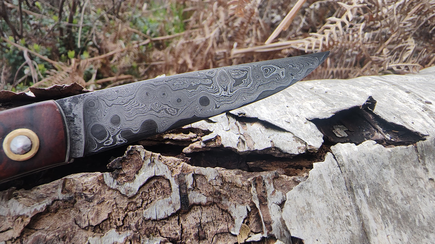 Hand-Forged Raindrop San Mai Damascus Slipjoint with Desert Ironwood Burl Scales / UK Legal Carry