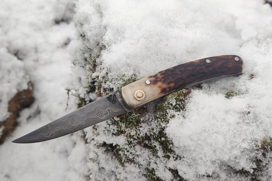Hand-Forged San Mai Damascus Slipjoint with Bog Oak & Stag Antler Scales / UK Legal Carry