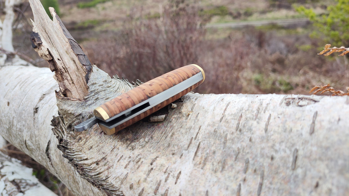 [RESERVED FOR LAURA] Hand-forged Friction Folder  / 80Crv2 Carbon Steel blade / Stacked Birch Bark Handle / UK Legal Carry