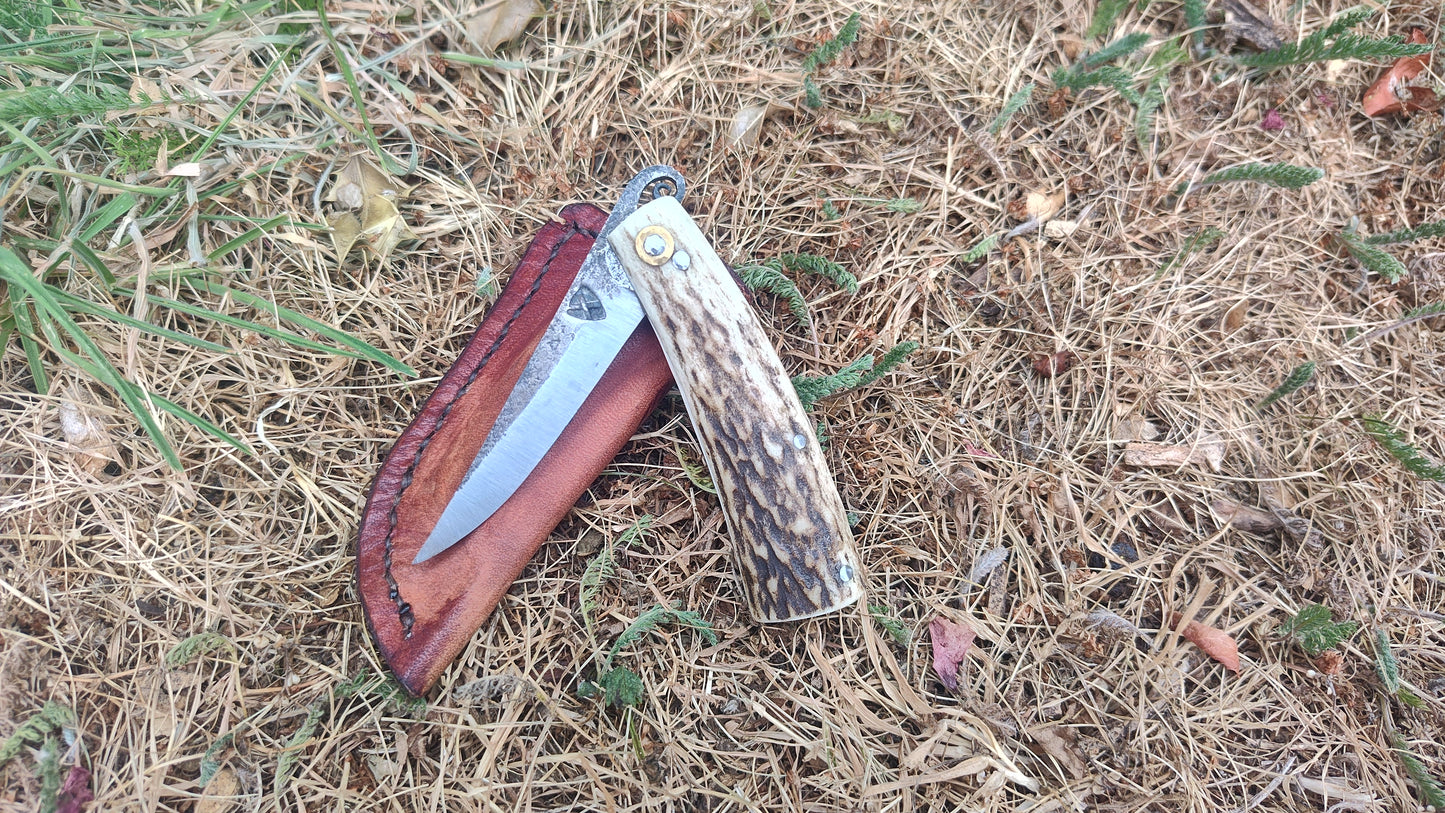 Hand-forged Friction Folder  / 26c3 Carbon Steel blade / Stag Antler Handle / UK Legal Carry