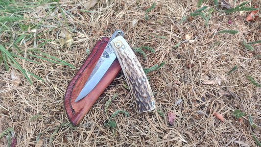Hand-forged Friction Folder  / 26c3 Carbon Steel blade / Stag Antler Handle / UK Legal Carry
