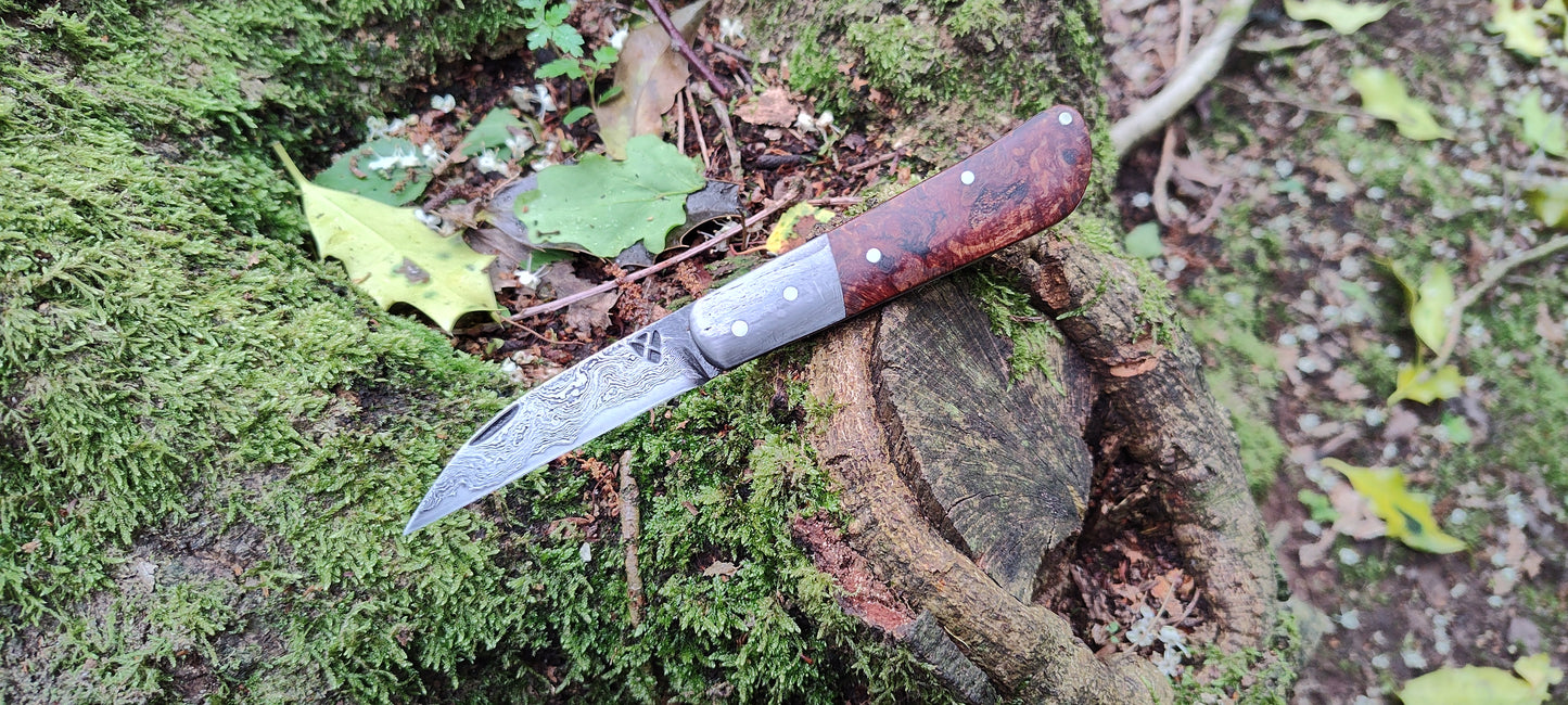 Hand-forged Wharncliffe Slipjoint / Pattern Welded Damascus Blade / Wrought Iron Bolsters and Beech Burl Scales / UK Legal Carry
