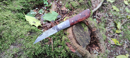 Hand-forged Wharncliffe Slipjoint / Pattern Welded Damascus Blade / Wrought Iron Bolsters and Beech Burl Scales / UK Legal Carry