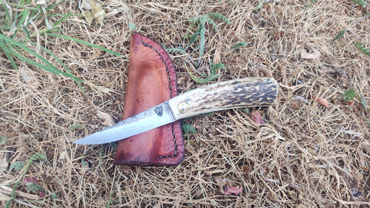 Hand-forged Friction Folder  / 26c3 Carbon Steel blade / Stag Antler Handle / UK Legal Carry