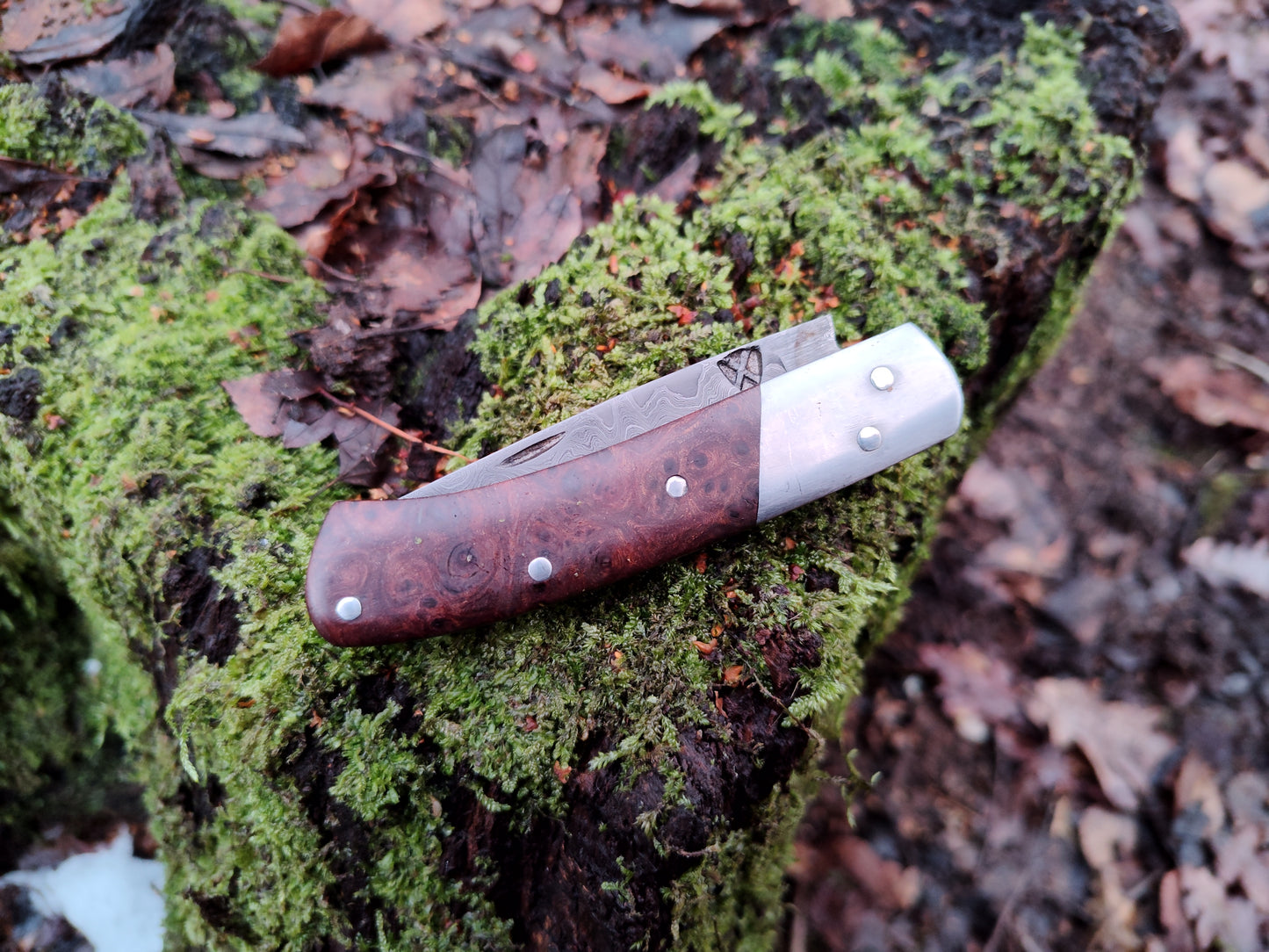Hand-forged Folding Knife / Pattern-welded blade / Iron bolsters & Elm Burl Scales / Heavy duty slipjoint / Non-locking UK Legal Carry
