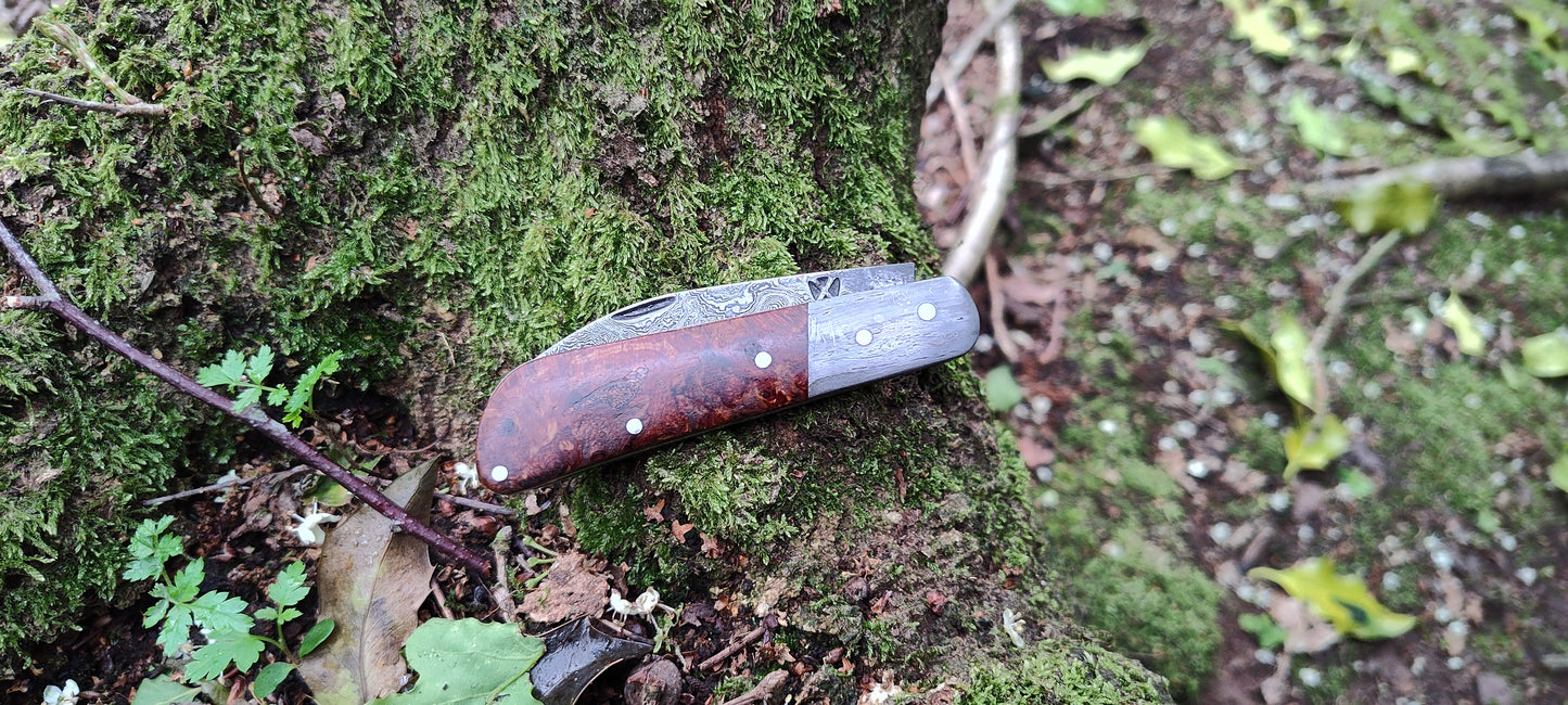 Hand-forged Wharncliffe Slipjoint / Pattern Welded Damascus Blade / Wrought Iron Bolsters and Beech Burl Scales / UK Legal Carry