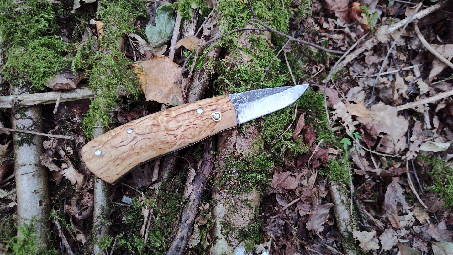 Hand-forged Folding Knife / Heavy duty slipjoint /  Sheffcut Carbon Steel Blade & Masur Birch Handle / Non-locking UK Legal Carry