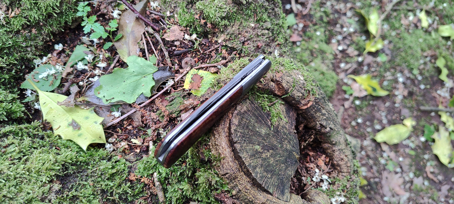 Hand-forged Wharncliffe Slipjoint / Pattern Welded Damascus Blade / Wrought Iron Bolsters and Beech Burl Scales / UK Legal Carry