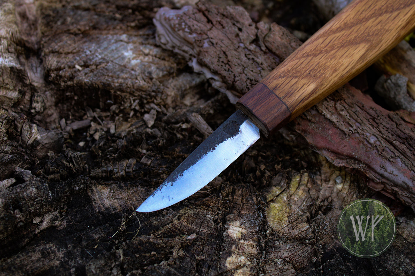 Hand-forged woodcarving knife with Walnut and White Oak handle